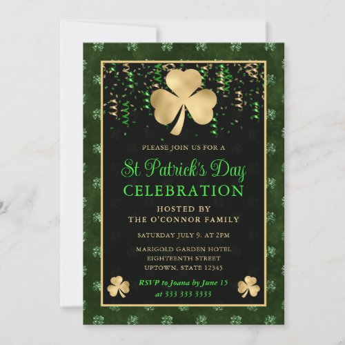 Elegant Green and Gold Shamrock St Patricks Day Invitation