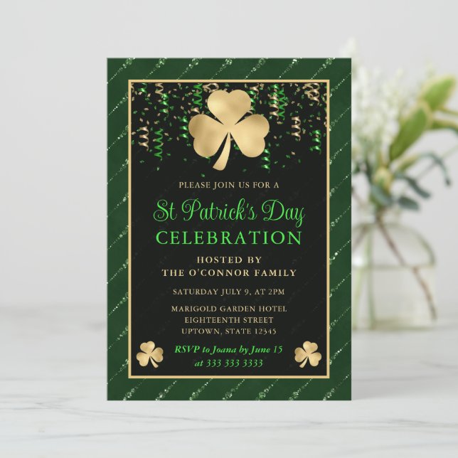 Elegant Green and Gold Shamrock St Patrick's Day Invitation (Standing Front)