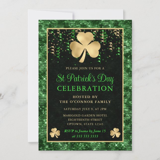 Elegant Green and Gold Shamrock St Patrick's Day Invitation (Front)