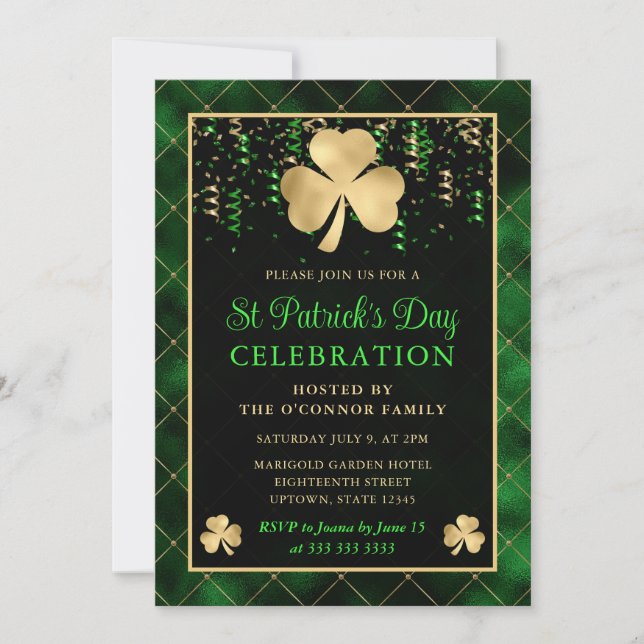 Elegant Green and Gold Shamrock St Patrick's Day Invitation (Front)