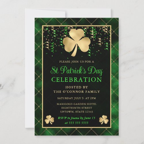 Elegant Green and Gold Shamrock St Patricks Day Invitation