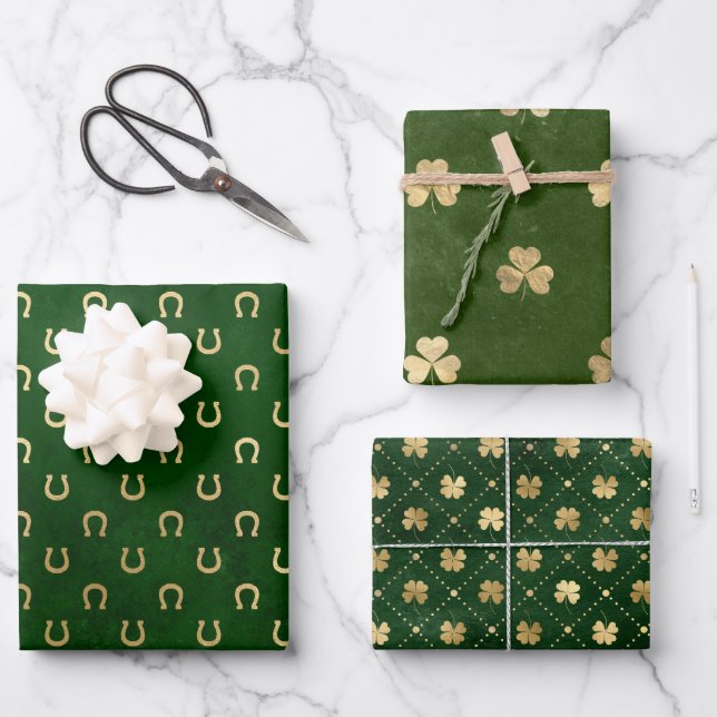 Elegant Green and Gold Shamrock St Patrick's Day Wrapping Paper Sheets (Front)