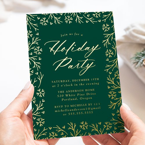 Elegant Green and Gold Snowflake Holiday Party Foil Invitation