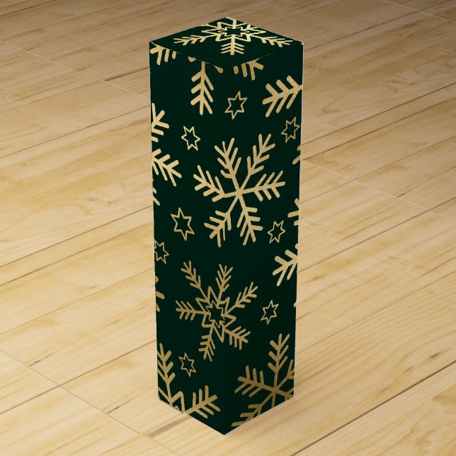 Elegant Green and Gold Snowflakes Christmas Wine Box (Front)