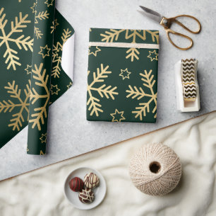 Elegant Green and Gold Snowflakes Christmas Wrapping Paper