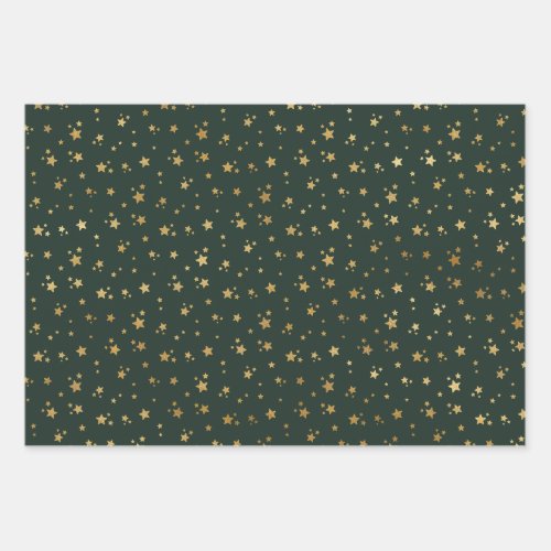 Elegant Green and Gold Stars Christmas Wrapping Paper Sheets