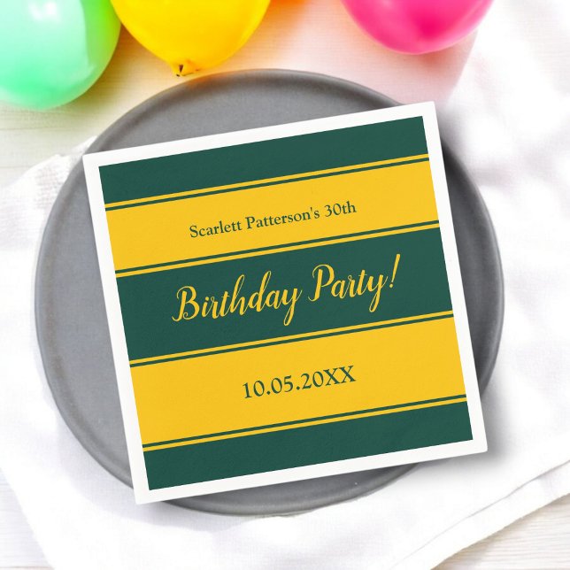 Elegant Green And Gold Stripes Modern Birthday Napkins (Creator Uploaded)