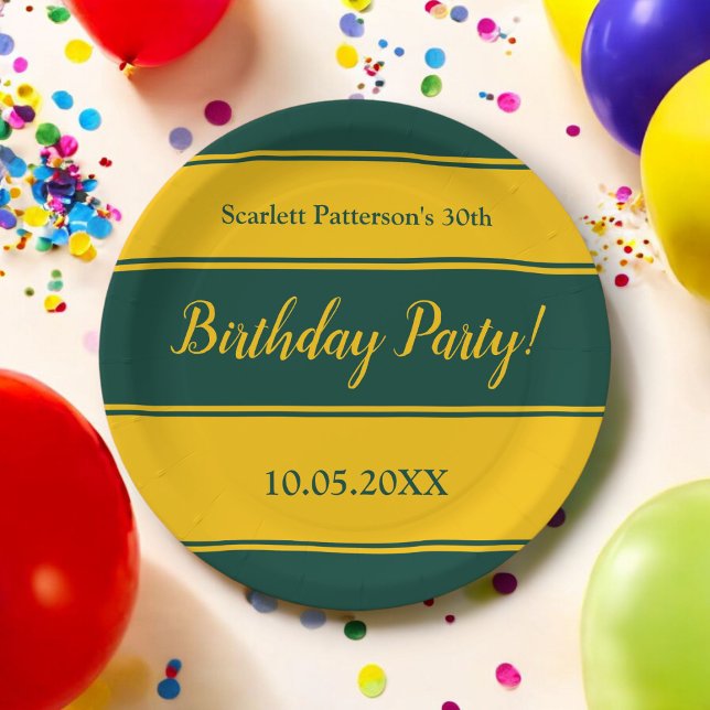Elegant Green And Gold Stripes Modern Birthday Paper Plates (Creator Uploaded)