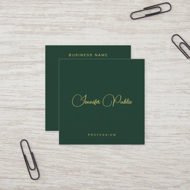 Elegant Green And Gold Text Script Premium Silk Square Business Card (Front/Back In Situ)