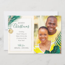 Elegant Green and Gold Tropical Christmas Photo Holiday Card