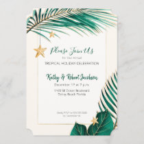 Elegant Green and Gold Tropical Holiday Party Invitation