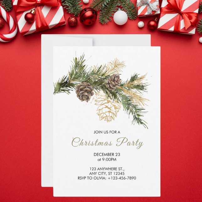 Elegant Green and Gold Watercolor Christmas Party Invitation (Creator Uploaded)