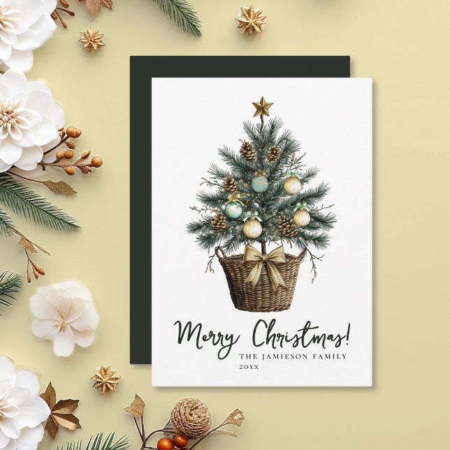 Elegant Green and Gold Watercolor Christmas Tree Holiday Card (Elegant watercolor christmas tree holiday flat card.)