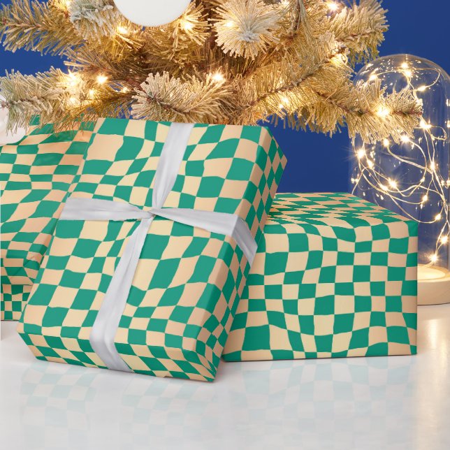 Elegant Green and Gold Wavy Checker Pattern Wrapping Paper (Holidays)