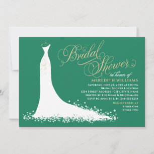 Elegant Green and Gold Wedding Gown Bridal Shower Invitation