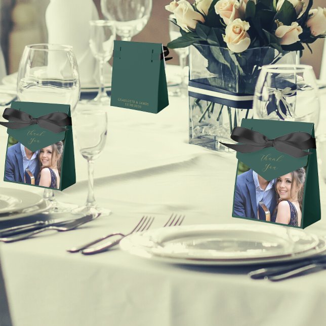 Elegant Green And Gold Wedding Thank You Photo Favor Boxes (In Situ - Front And Back)