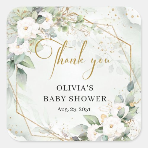 Elegant green and gold white flowers Baby Shower Square Sticker