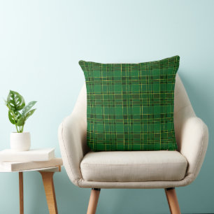 Elegant Green and Gold Winter Christmas Plaid Throw Pillow