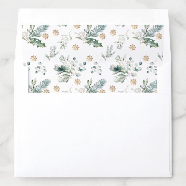 Elegant Green and Gold Winter Greenery Christmas Envelope Liner (In Envelope)