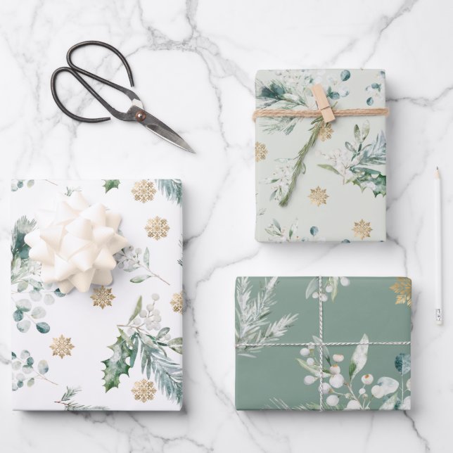 Elegant Green and Gold Winter Greenery Christmas Wrapping Paper Sheets (Front)
