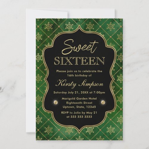 Elegant Green and Gold Winter Snowflakes Sweet 16 Invitation