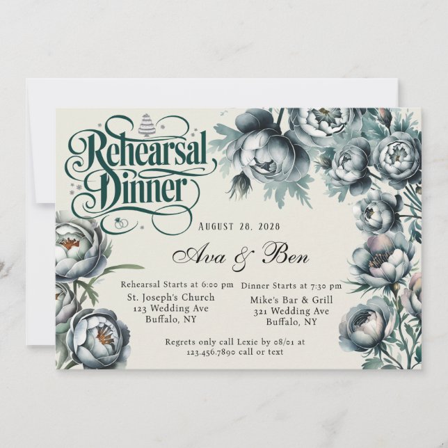 Elegant Green and Gray Bouquet Rehearsal Dinner Invitation (Front)