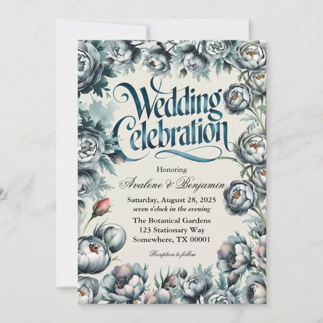 Elegant Green and Gray Bouquet Wedding Celebration Invitation (Front)