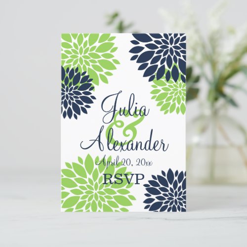 Elegant Green and Navy Blue Floral Burst RSVP