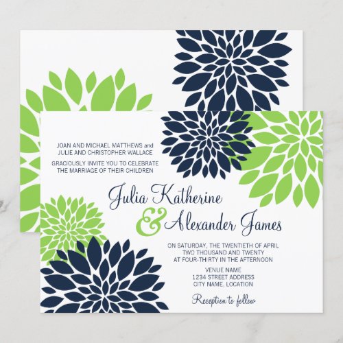 Elegant Green and Navy Blue Floral Burst Wedding Personalized Invitations