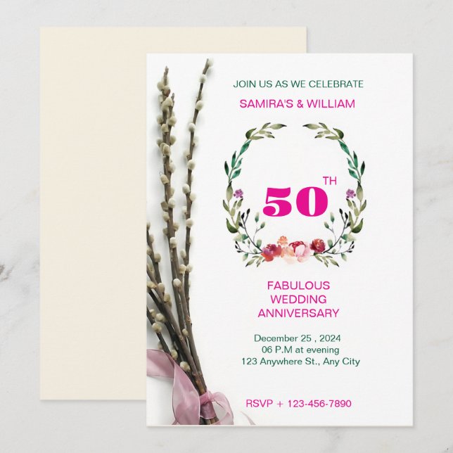Elegant Green and Pink Floral 50th Anniversary Invitation (Front/Back)