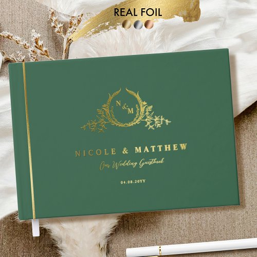 Elegant Green and Real Foil Monogram Wedding Foil Guest Book