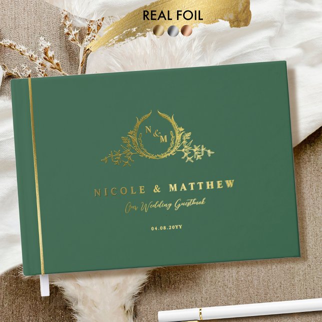 Elegant Green and Real Foil Monogram Wedding Foil Guest Book (Creator Uploaded)
