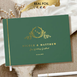 Elegant Green and Real Foil Monogram Wedding Guest Book