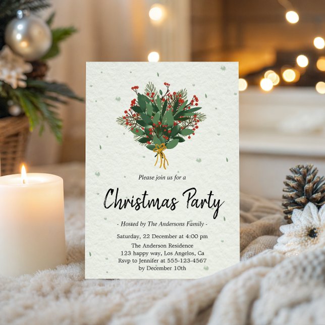 Elegant Green and Red Botanical Christmas Party Invitation (Creator Uploaded)