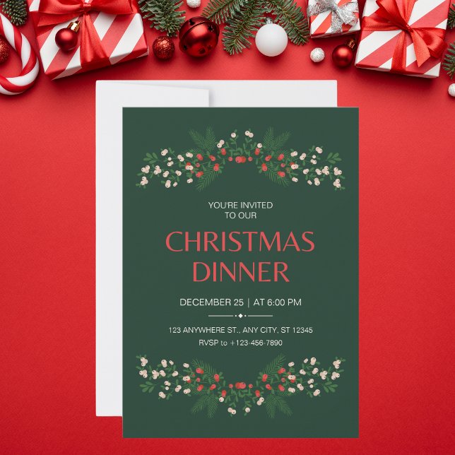 Elegant Green and Red Floral Christmas Dinner Invitation (Creator Uploaded)