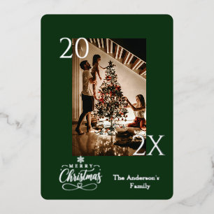 Elegant Green and Silver Christmas Photo Foil Holiday Card