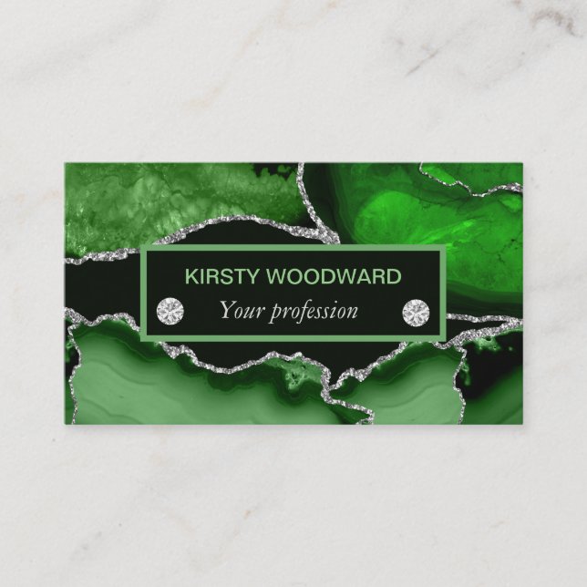 Elegant Green and Silver Faux Glitter Agate Business Card (Front)