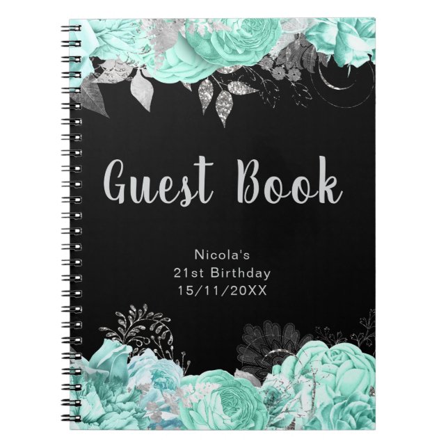 Elegant Green and Silver Flower Guest Book (Front)