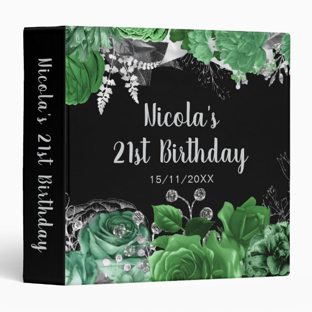 Elegant Green and Silver Flowers Birthday Party  3 Ring Binder (Front/Spine)