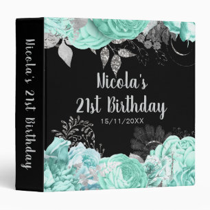 Elegant Green and Silver Flowers Birthday Party 3 Ring Binder