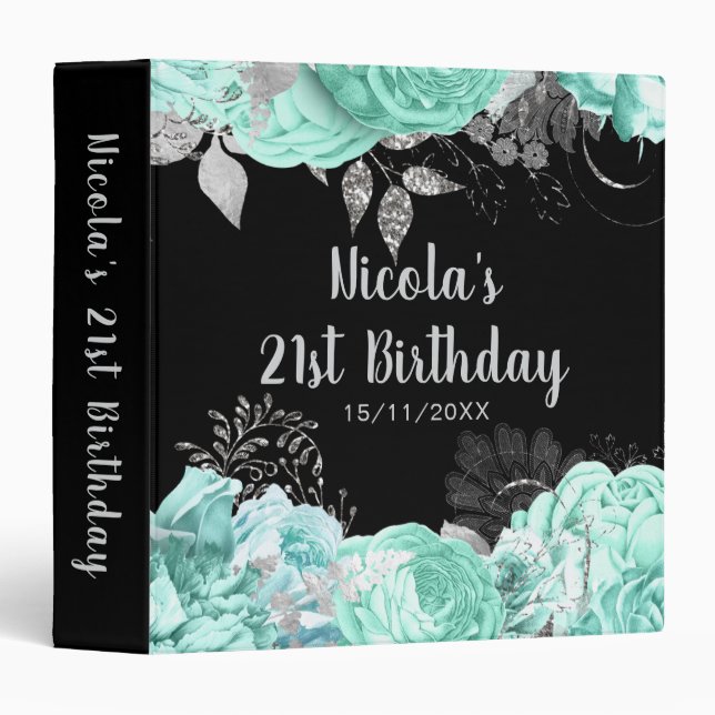 Elegant Green and Silver Flowers Birthday Party 3 Ring Binder (Front/Spine)