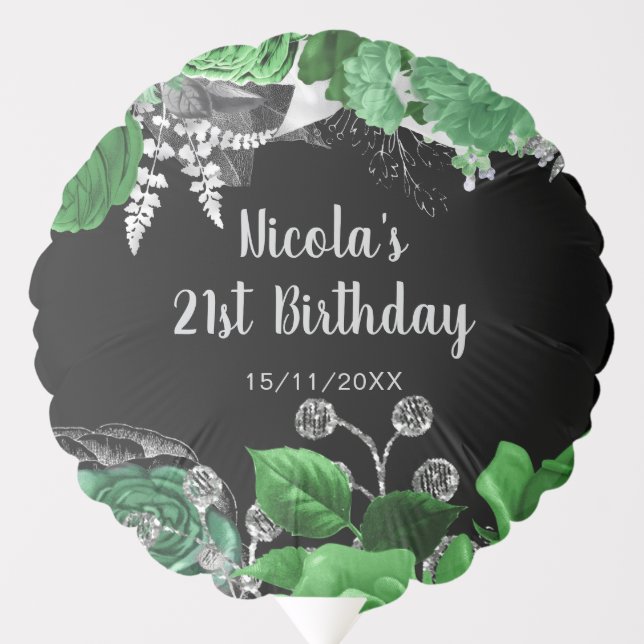 Elegant Green and Silver Flowers Birthday Party  Balloon (Front)
