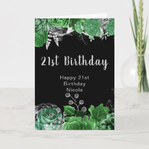 Elegant Green and Silver Flowers Birthday Party Card