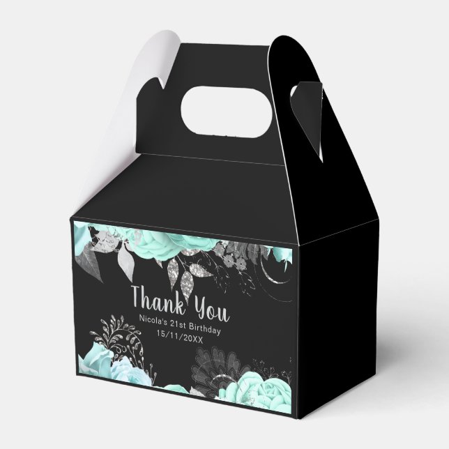 Elegant Green and Silver Flowers Birthday Party Favor Boxes (Front Side)
