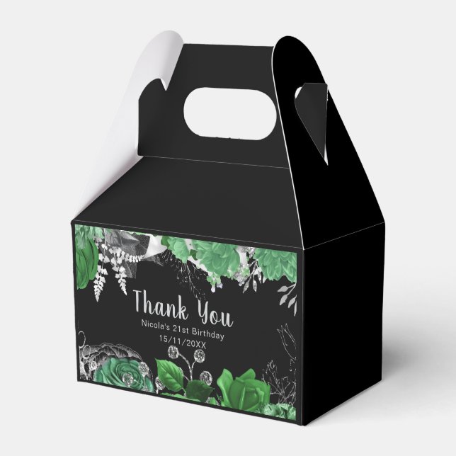 Elegant Green and Silver Flowers Birthday Party  Favor Boxes (Front Side)