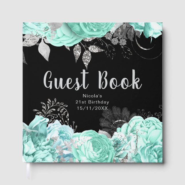 Elegant Green and Silver Flowers Birthday Party Guest Book (Front)