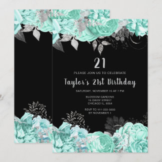 Elegant Green and Silver Flowers Birthday Party Invitation