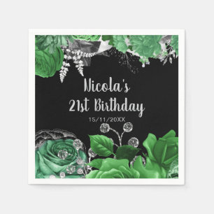 Elegant Green and Silver Flowers Birthday Party Napkins