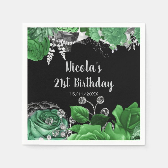 Elegant Green and Silver Flowers Birthday Party  Napkins (Front)
