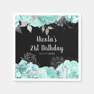 Elegant Green and Silver Flowers Birthday Party Napkins